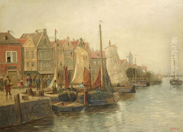 Animated Harbour View Oil Painting by Anton Hubner