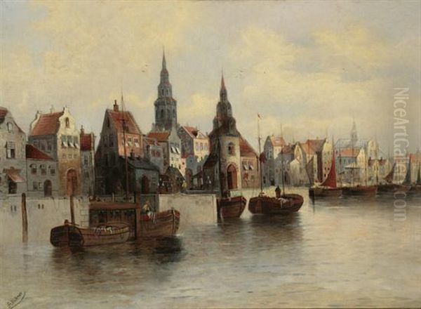 Busy City Port Oil Painting by Anton Hubner