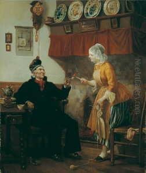 Hausliche Szene. Signiert Und Datiert Unten Rechts: Carl Hubner 1876. Ol Auf Leinwand. H 71,5; B 60,5 Cm. Oil Painting by Carl Hubner