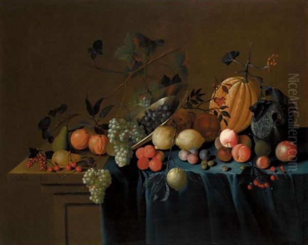 Still Life Of Fruit On A Draped Ledge Oil Painting by Louis, Lewis Hubner