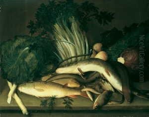 Fisch- Und Gemusestilleben. Signiert Unten Rechts: L. Hubner Pinxit. Ol Auf Leinwand. H 72; B 90 Cm. Oil Painting by Louis, Lewis Hubner