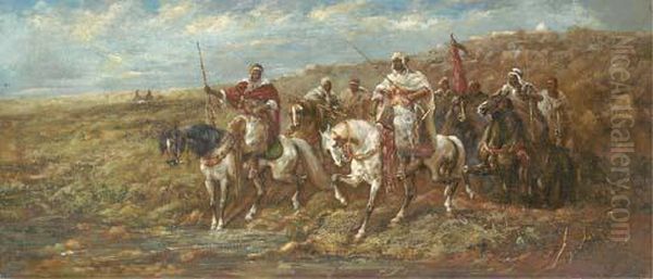 Arab Warriors Fording A Stream Oil Painting by Louis, Lewis Hubner