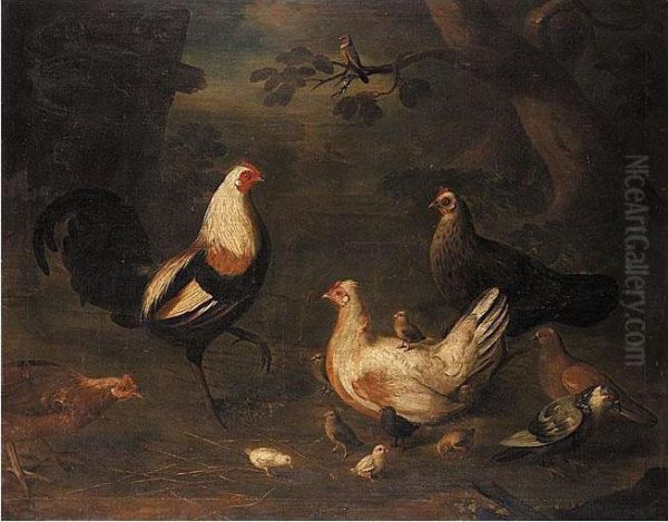 Duckwing Game Cock, Chickens, Pigeons And A Bullfinch In A Landscape Oil Painting by Louis, Lewis Hubner