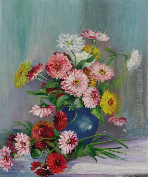 Untitled (still Life With Zinnias) Oil Painting by R.J. Nannie Huddle