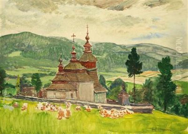 The Church In Tysova In The Sub-carpathian Ukraine Oil Painting by Antonin Hudecek