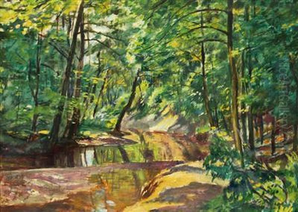 A Forest Brook Oil Painting by Antonin Hudecek