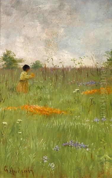 Girl In A Field Of Poppies And Lupine Oil Painting by Grace Carpenter Hudson