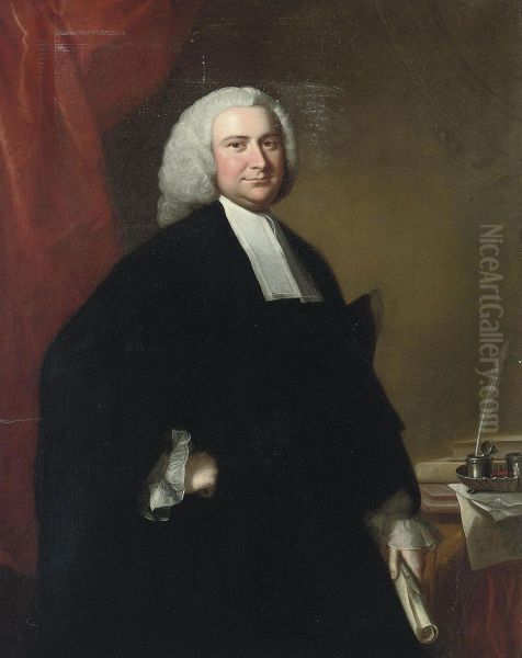 Portrait Of A Cleric, Three-quarter-length, In Robes, Holding A Scroll, Standing By A Table Oil Painting by Thomas Hudson