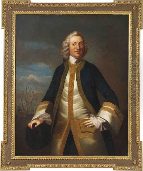 Portrait Of A Gentleman Traditionally Identified As Captain Thomas Lake, Three-quarter-length, In A Gold Embroidered Blue Coat And White Waistcoat, His Hand Resting On A Cannon, In A Landscape, A Man-o'-war Beyond Oil Painting by Thomas Hudson