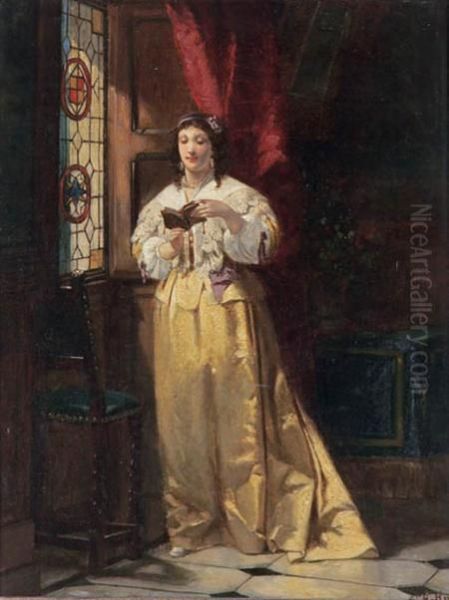 Lady Reading Beside A Sunlit Window Oil Painting by Charles Desire Hue