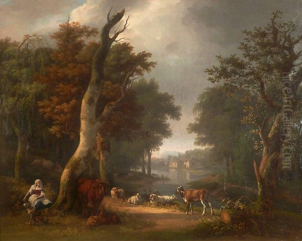 Paysage A La Bergere. Oil Painting by Jean-Francois Hue