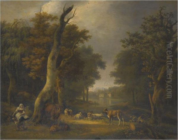 A Pastoral Landscape With A Peasant And Her Animals Oil Painting by Jean-Francois Hue