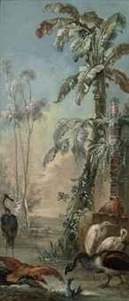 A Parrot, Cranes And Other Birds In A Tropical Landscape Oil Painting by Christophe Huet