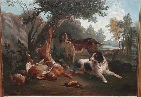 Dogs And Game Before A Landscape Oil Painting by Christophe Huet