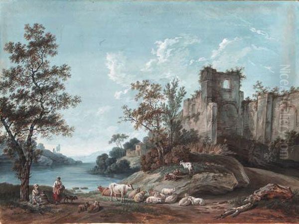 An Extensive River Landscape With The Ruins Of An Abbey, Shepherdsin The Foreground
Signed, Dated And Inscribed 'villiers Het 1792' Oil Painting by Franois Huet