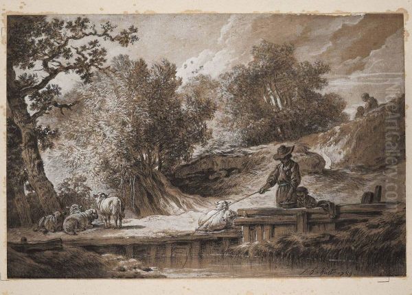 A River Landscape With Children Fishing Oil Painting by Jean-Baptiste Huet I