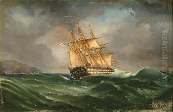 A Royal Navy '74'running Past A Rocky Coast In Heavy Seas Oil Painting by Sarah Huggins