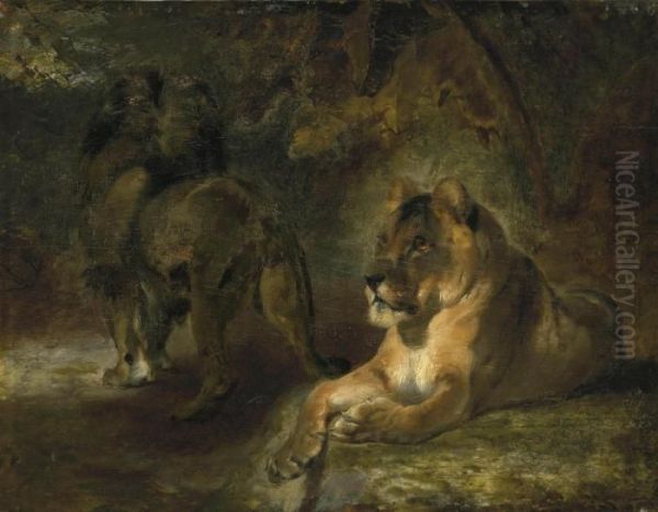 Lion And Lioness Oil Painting by William Huggins