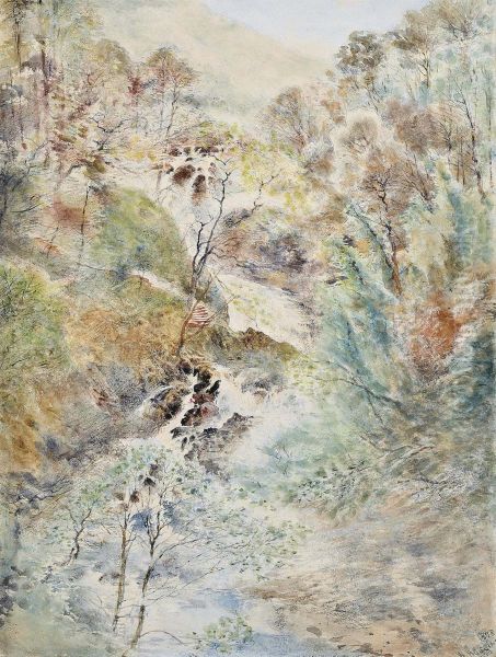 A Waterfall Thought To Be Near Capel Curig Oil Painting by William Huggins