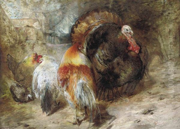 A Turkey, Hens And A Pigeon In A Farmyard Oil Painting by William Huggins