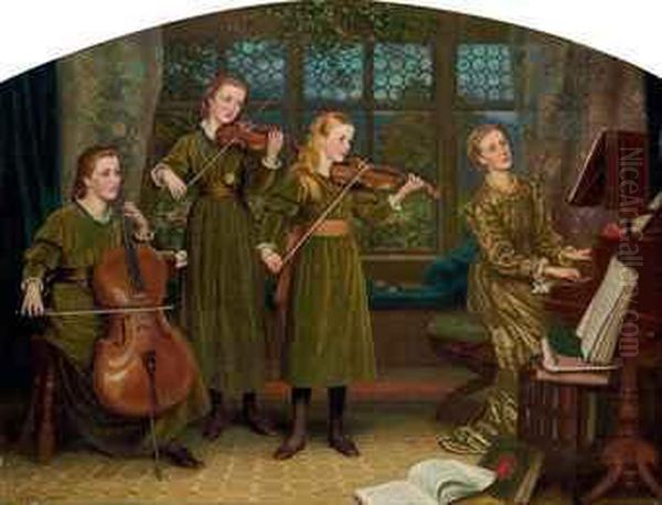 The Home Quartette: Mrs Vernon Lushington And Children Oil Painting by Arthur Hughes