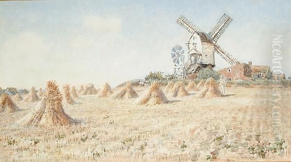 Hayricks, A Windmill Beyond. Oil Painting by A. Foord Hughes