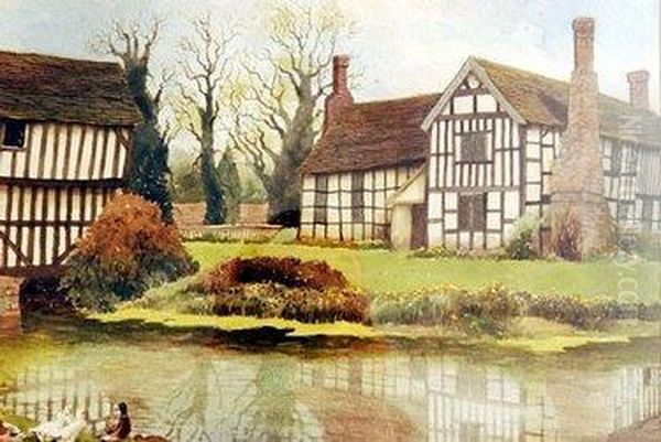 Beamed Cottages With Duck Pond To The Fore Oil Painting by Christopher Hughes