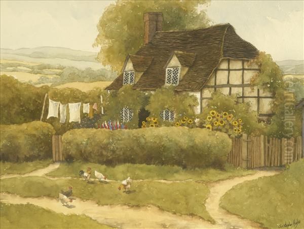 Washday, A Timbered Cottage With Sunflowers And Poultry Watercolour Andbodycolour Heightened With White Signed Lower Right 28cm X36cm Oil Painting by Christopher Hughes