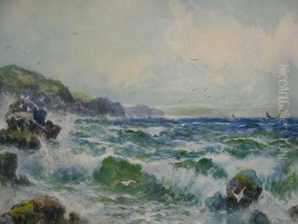 Rocky Coast With Squally Sea's And Fishing Smacks Oil Painting by J Hughes Clayton