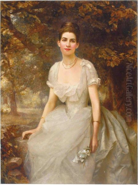 Portrait Of Vere Monckton-arundell, Seated Three-quarter-length, In A White Evening Dress Holding Lilies In A Landscape Oil Painting by Edward Hughes