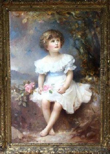 A Portrait Of Diamond Hardinge Holding Roses Oil Painting by Edward Hughes