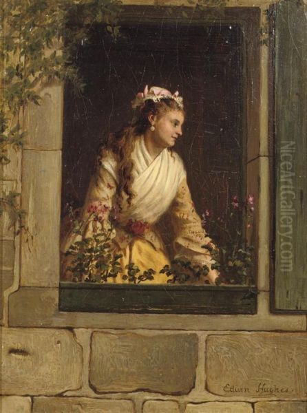 A Girl In A Window Oil Painting by Edwin Hughes