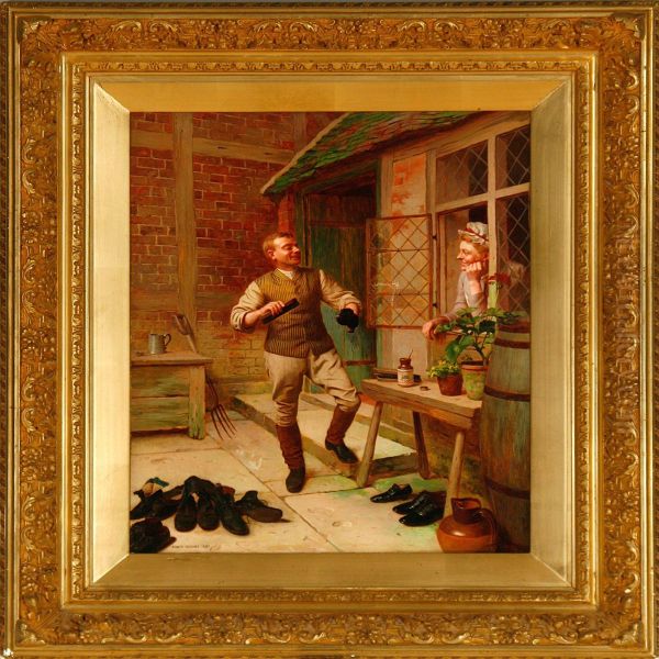 The Butler Is Polishing Shoes While Flirting With The Maid Oil Painting by Edwin Hughes