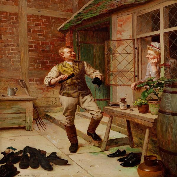 The Butler Is Polishing Shoes While Flirting With The Maid Oil Painting by Edwin Hughes