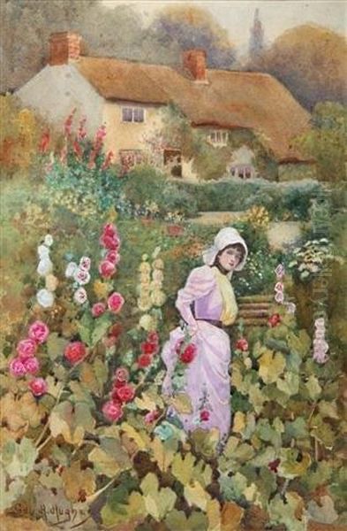 Lady In A Country Garden With Hollyhocks And Thatched Cottage Oil Painting by George Hart Hughes