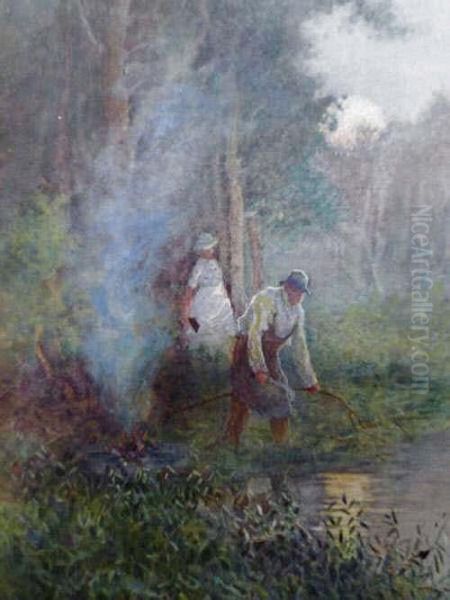 Two Figures In A Backwater With A Keepnet Beside A Small Campfire Oil Painting by George Hart Hughes