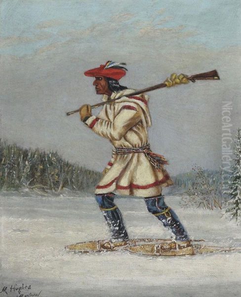 Indian Hunter On Snow Shoes Oil Painting by H. Hughes