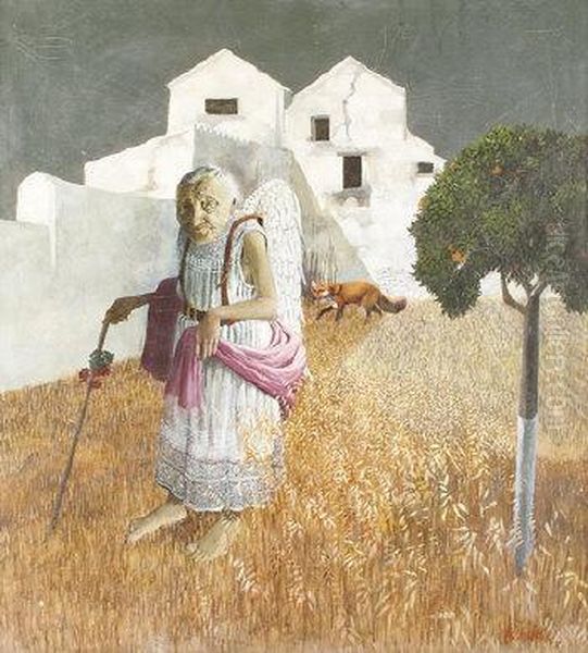 Portrait Of An Old Lady With Wings In A Hot Landscape Oil Painting by H. Hughes