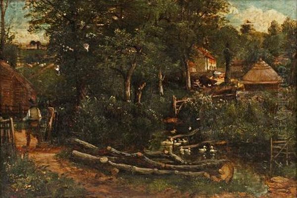 Mill Pond Scene, Gloucestershire Oil Painting by John Joseph Hughes