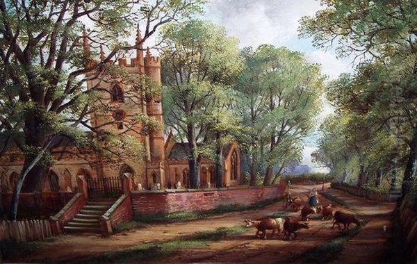 Village Church 
 With Cows In The Foreground Oil Painting by John Joseph Hughes