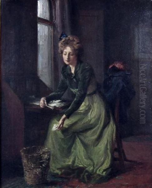 Girl In Green Dress Sitting At A Bureau Oil Painting by Talbot Hughes