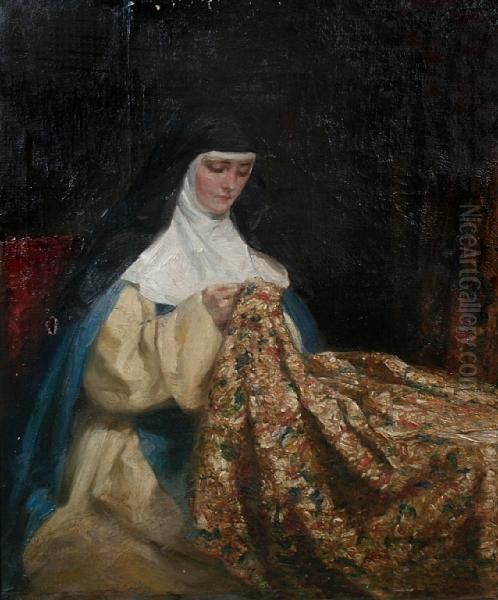 A Nun Embroidering Fabric Oil Painting by Talbot Hughes