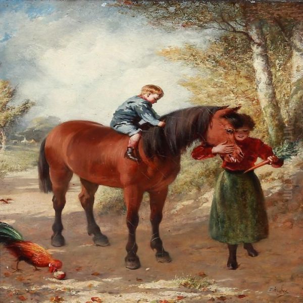 Mother And Son Rewarding The Horse With A Carrot Oil Painting by Trajan Hughes