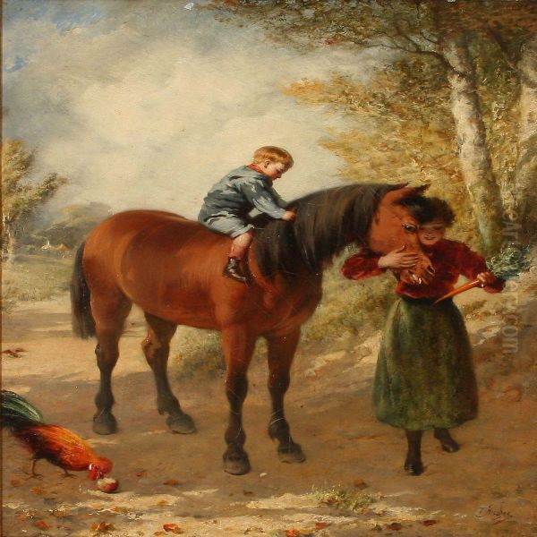 Mother And Son Rewards The Horse With A Carrot Oil Painting by Trajan Hughes