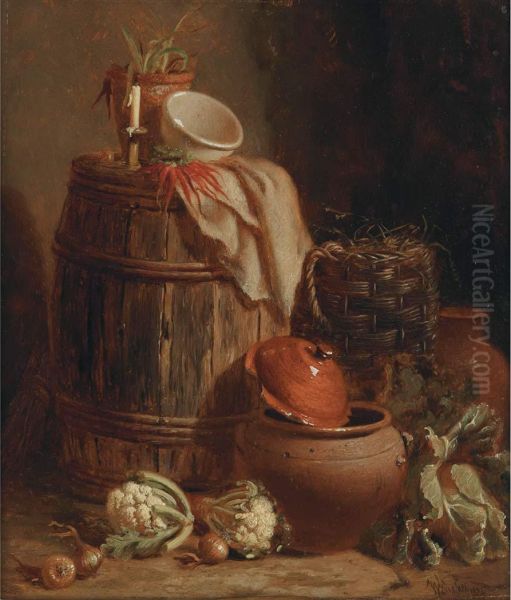 Still Life With Barrel, Basket, Jugs, And Vegetables Oil Painting by William Hughes