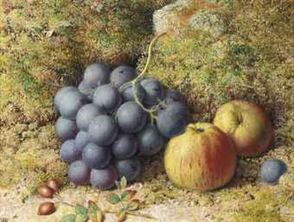 Still Life Of Red Grapes, Apples And Rosehips On A Mossy Bank Oil Painting by William Hughes