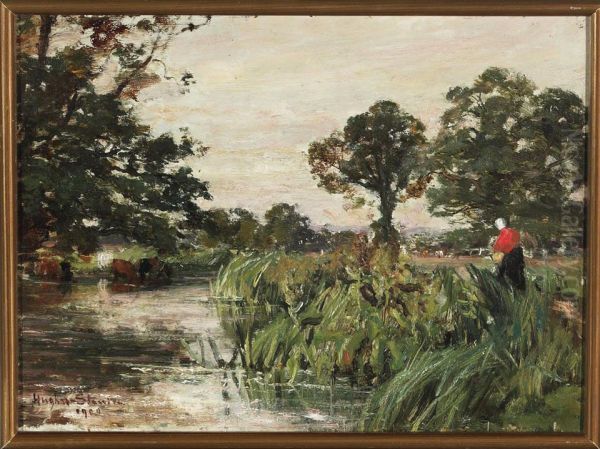 Woman By A Marshland Tending The Herd Oil Painting by Herbert Hughes Stanton