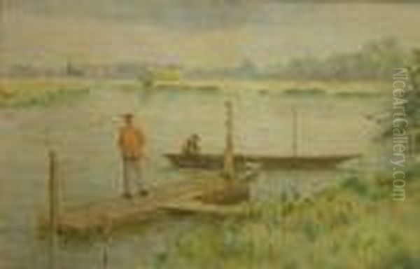 Fishermanon A Jetty Oil Painting by Claude Honore Hugrel