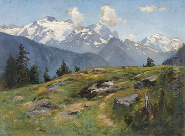 Walliser Bergansicht Oil Painting by Fritz Edouard Huguenin-Lassauguette