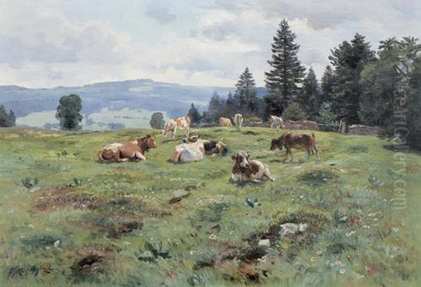 Sommerliche Wiesenlandschaft Mit Weidenden Kuhen. Oil Painting by Fritz Edouard Huguenin-Lassauguette